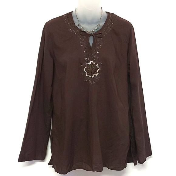 3 for $25- Lady Hathaway Beaded Cotton Top, Size L - Picture 3 of 12